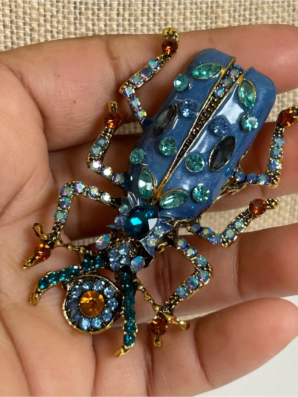 Blue Jeweled Beetle Statement Brooch